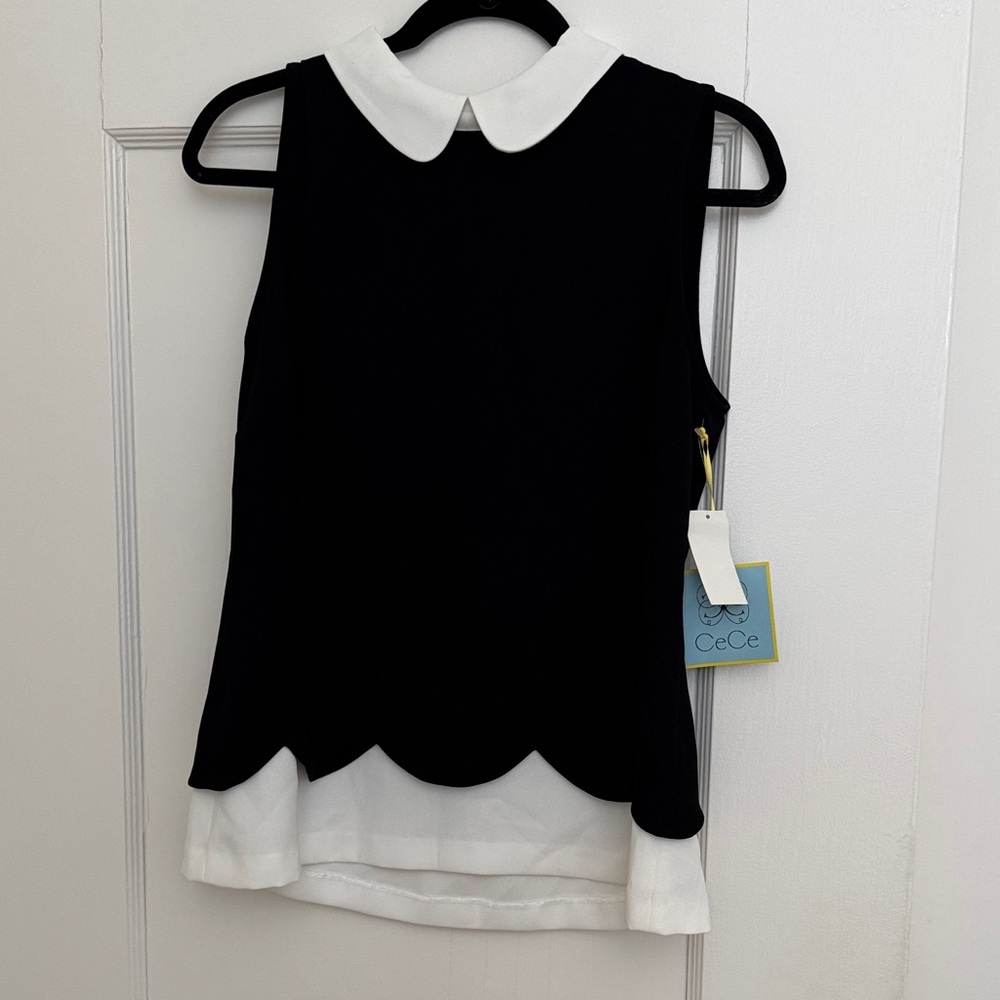 CeCe Black and White Peter Pan Collar Scalloped Hem Camisole, Medium